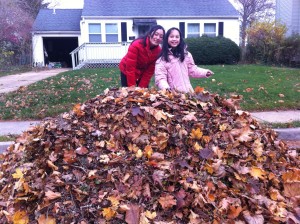 Alison and Katie and lots of leaves